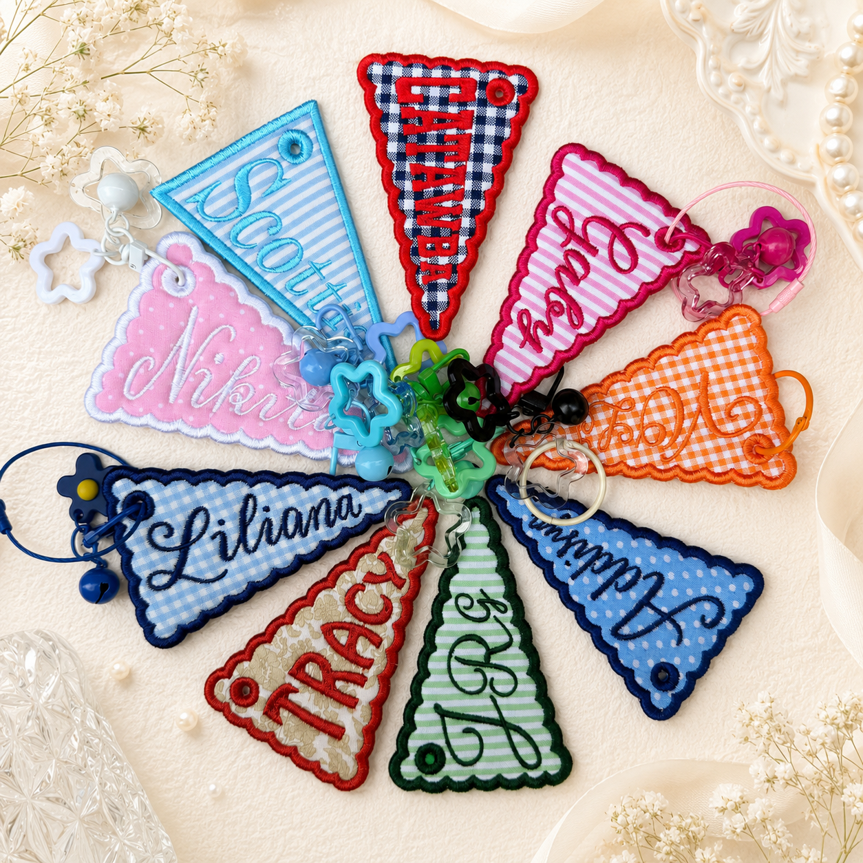 Personalized Embroidered Cheer Pennant Bag Charm, Custom Name Backpack Tag, Preppy Team Gift, Scallop Flag Keychain
