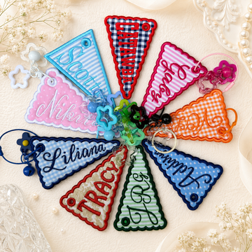 Personalized Pennant Bag Charm, Custom Embroidered Name Tag, Scallop Backpack Keychain, Cute School Bag Accessory