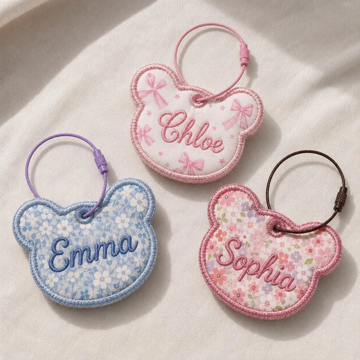 Custom Name and Date Embroidered Bag Charm, Personalized Baby Keepsake Keychain, Circle Diaper Bag Tag, Newborn Gift