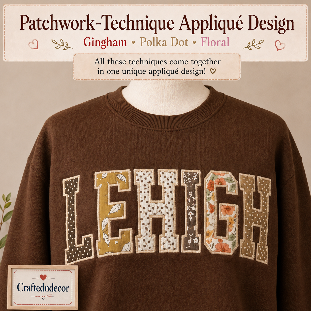 Custom Varsity Letter Embroidered Sweatshirt, Gingham Applique Crewneck, Personalized Initials Pullover, College Style Custom Merch Gift