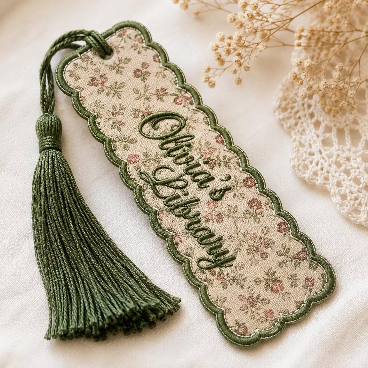 Personalized Embroidered Bookmark, Custom Name Fabric Book Marker with Tassel, Floral Reader Gift, Teacher Book Lover Stocking Stuffer
