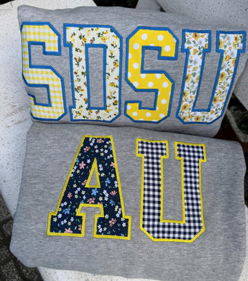 Custom College Initials Patchwork Sweatshirt, Personalized Varsity Applique Crewneck, Floral Gingham Embroidered Gift