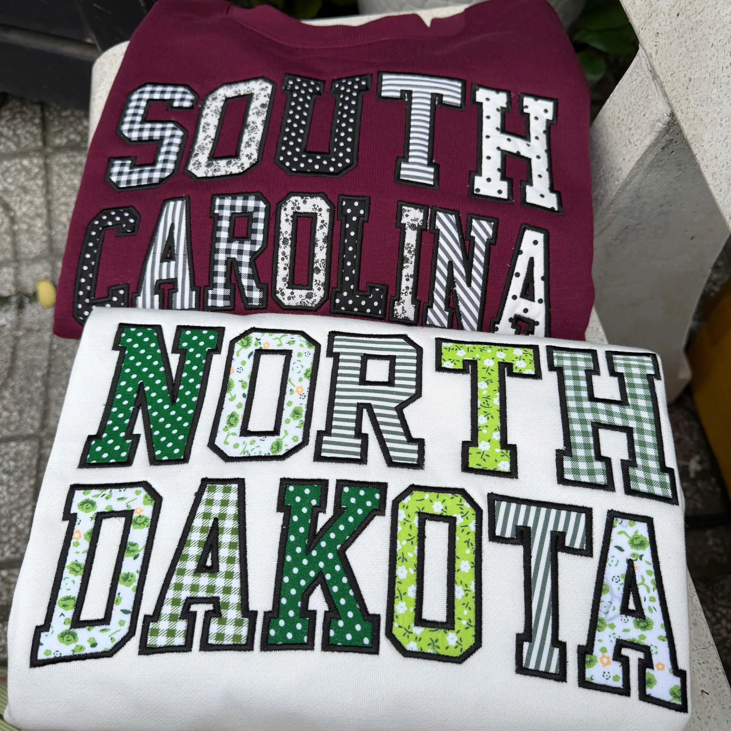 Custom State Patchwork Sweatshirt, Personalized Varsity Applique Crewneck, Gingham Floral Embroidered College Style Gift