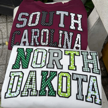Custom State Patchwork Sweatshirt, Personalized Varsity Applique Crewneck, Gingham Floral Embroidered College Style Gift
