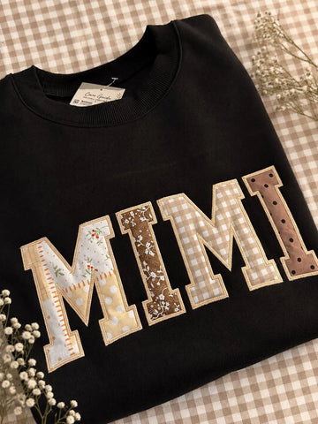 Neutral Patchwork Name Sweatshirt, Custom Nickname Applique Crewneck, Personalized Floral Gingham Pullover, Gift for Her