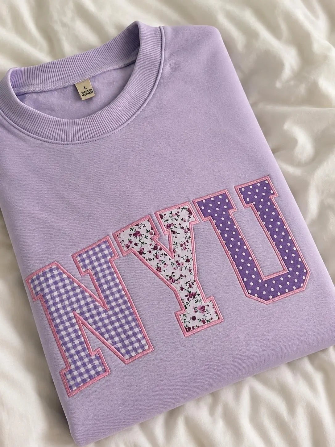 Custom Varsity Patchwork Sweatshirt, Lavender Applique Crewneck, Personalized College Style Embroidered Pullover Gift