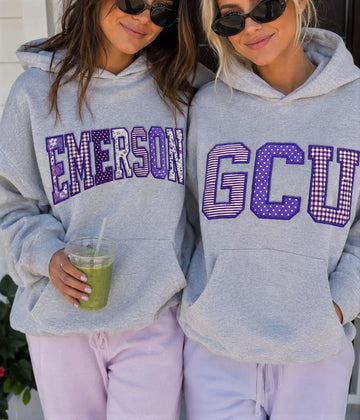 Custom Varsity Patchwork Hoodie, Personalized Applique Embroidered Sweatshirt, Purple College Style Pullover, Campus Gift Hoodie