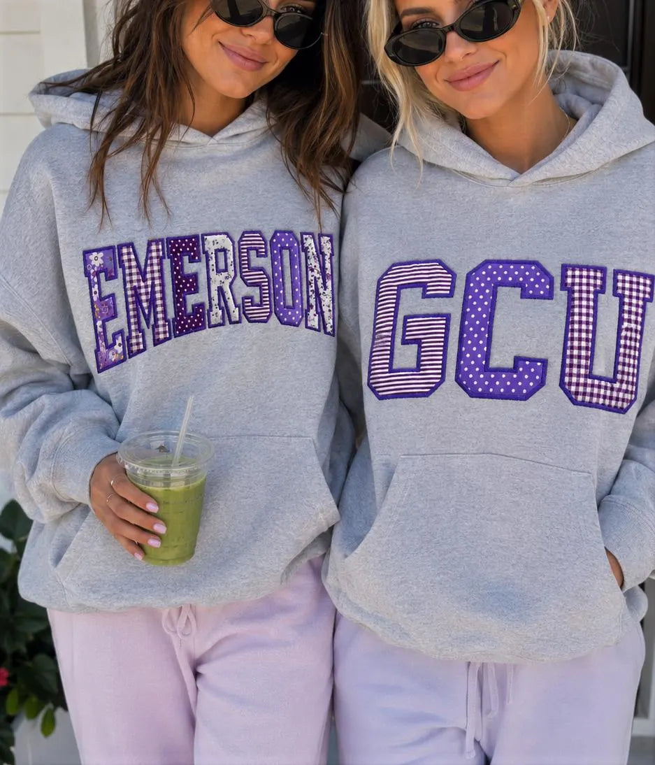Custom Varsity Patchwork Hoodie, Personalized Applique Embroidered Sweatshirt, Purple College Style Pullover, Campus Gift Hoodie