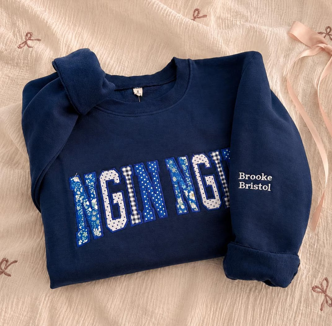Custom Patchwork Applique Sweatshirt, Personalized Embroidered Crewneck, Name Sleeve College Style Gift Pullover