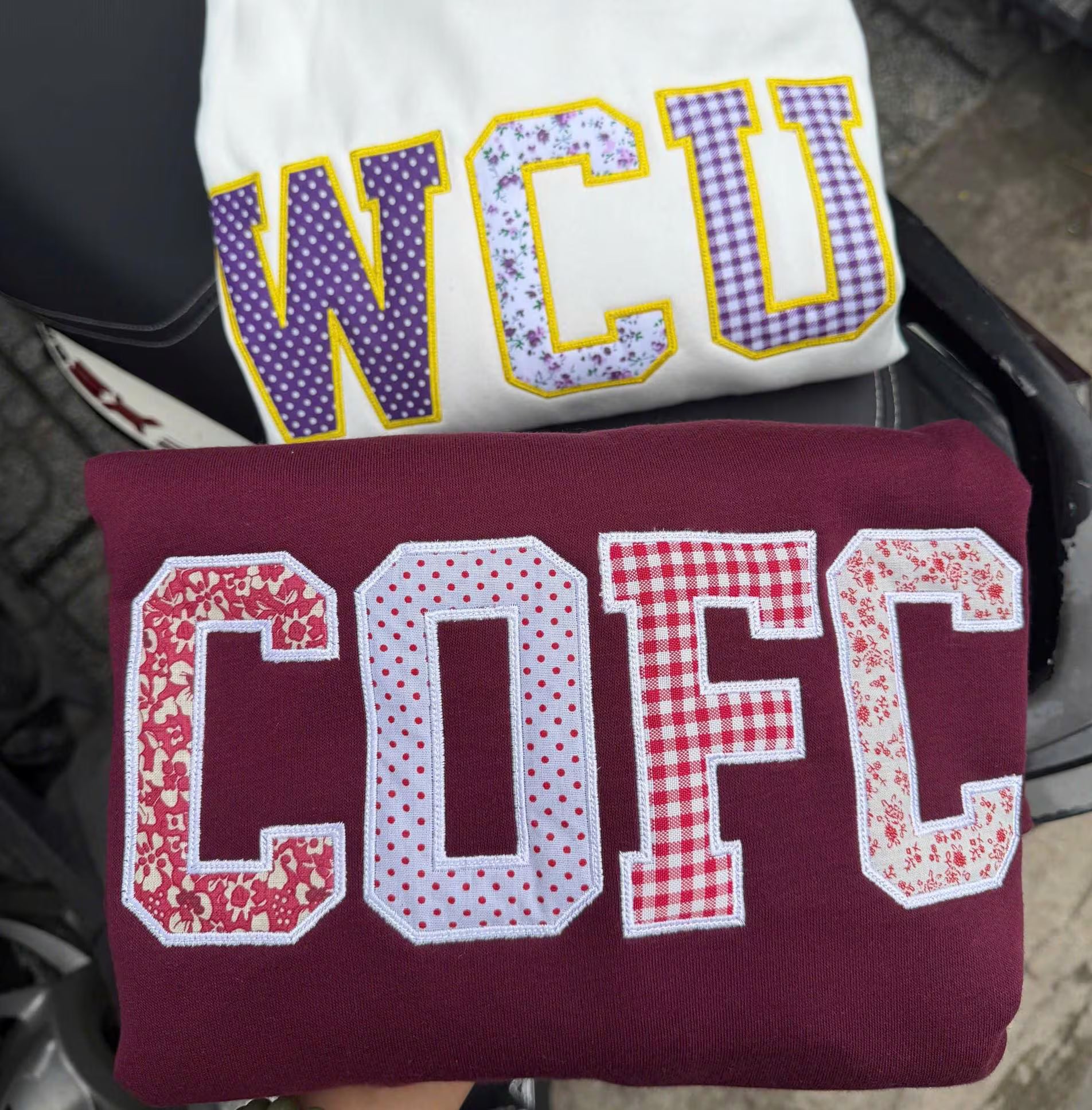 Floral Patchwork Applique Sweatshirt, Custom Varsity Embroidered Crewneck, Personalized Campus Style Pullover, Student Gift