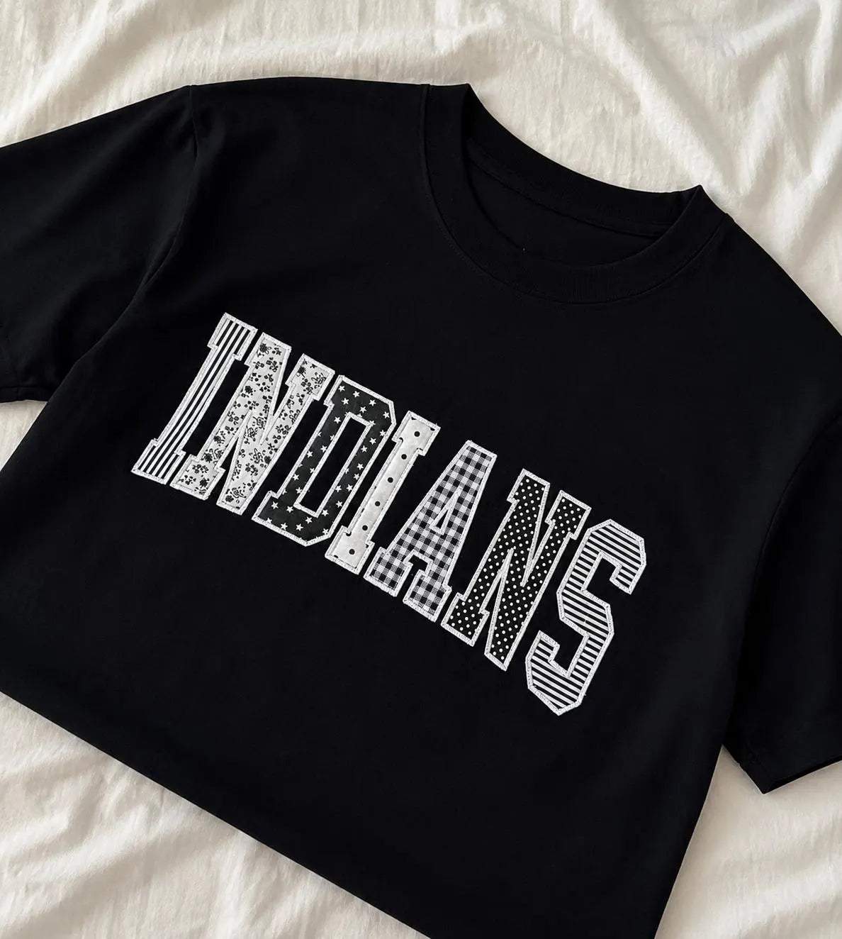 Custom Varsity Patchwork T Shirt, Personalized Applique Embroidered Tee, Black White Team Spirit Shirt, Group Gift Apparel