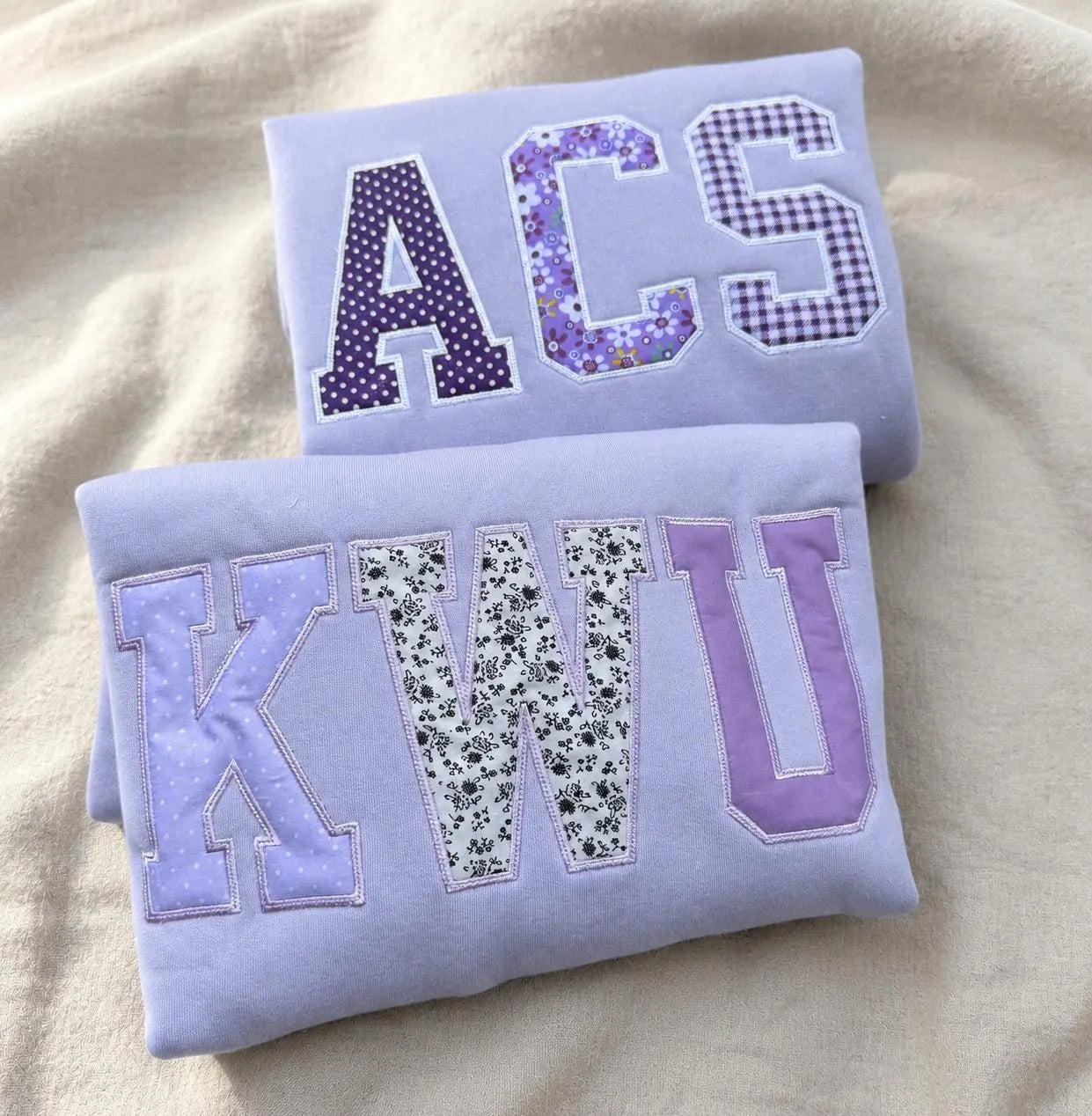 Personalized Lavender Patchwork Applique Crewneck, Custom Floral Varsity Embroidered Sweatshirt, Campus Style Student Gift
