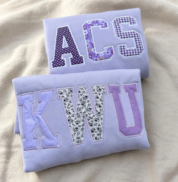 Personalized Lavender Patchwork Applique Crewneck, Custom Floral Varsity Embroidered Sweatshirt, Campus Style Student Gift