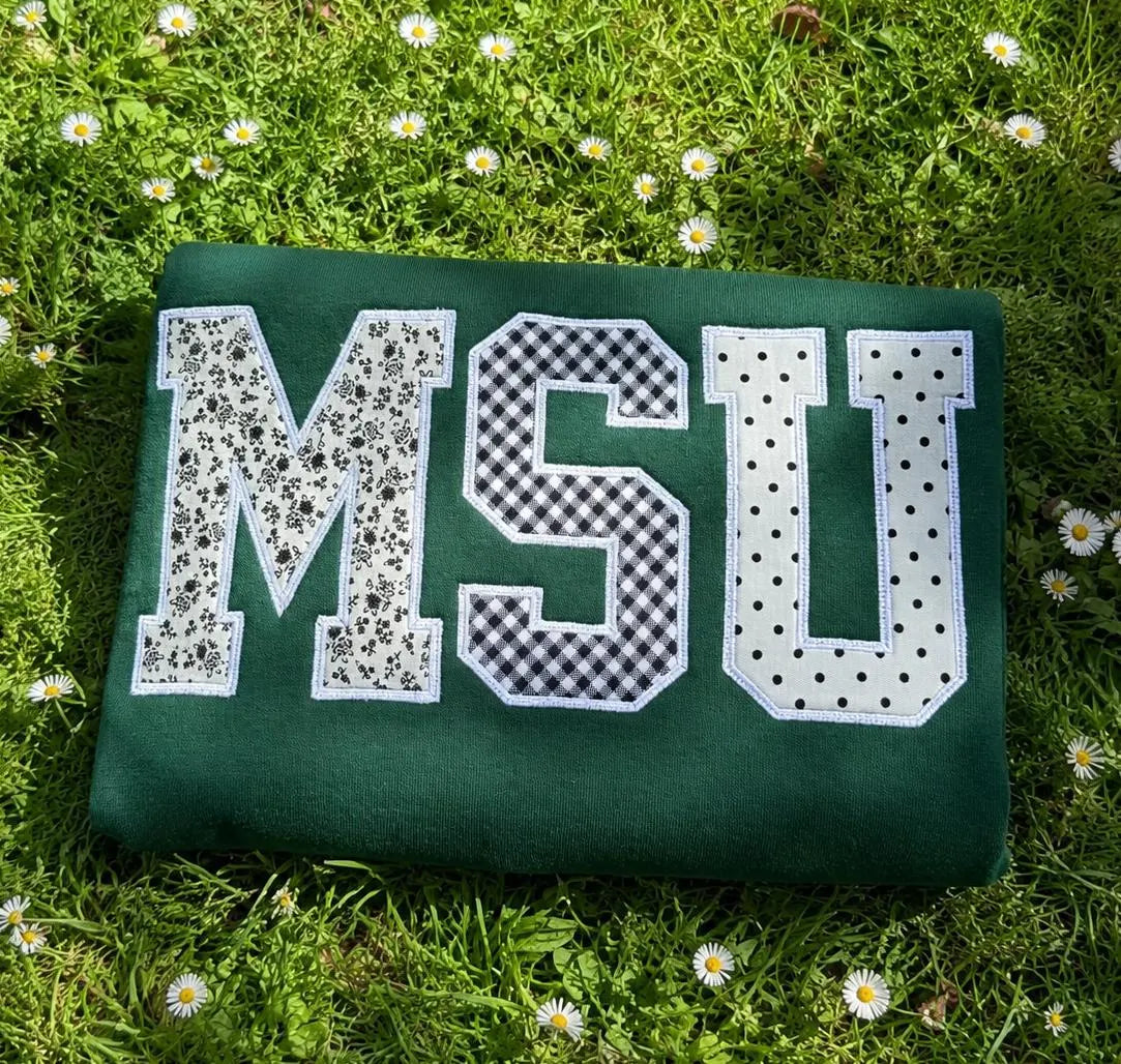 Personalized Varsity Patchwork Sweatshirt, Custom Applique Embroidered Crewneck, Green College Style Gift Pullover