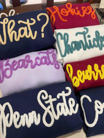 Plush Name Sweatshirt, Custom Chenille Script Crewneck, Personalized Team Color Word Sweater, Matching Squad Gift