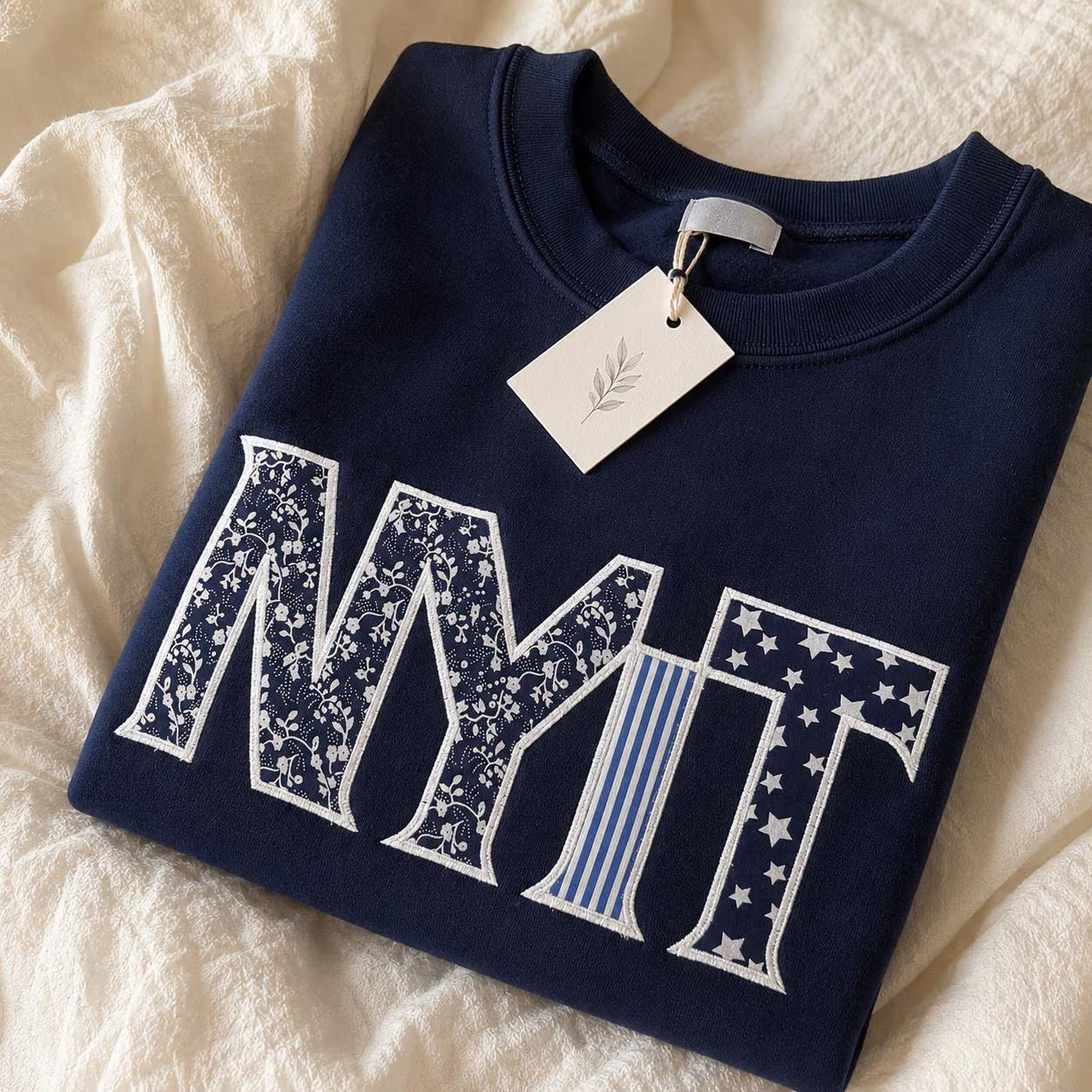 Custom Varsity Patchwork Sweatshirt, Personalized Applique Embroidered Crewneck, Navy College Style Campus Gift Pullover
