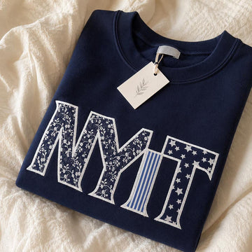 Custom Varsity Patchwork Sweatshirt, Personalized Applique Embroidered Crewneck, Navy College Style Campus Gift Pullover