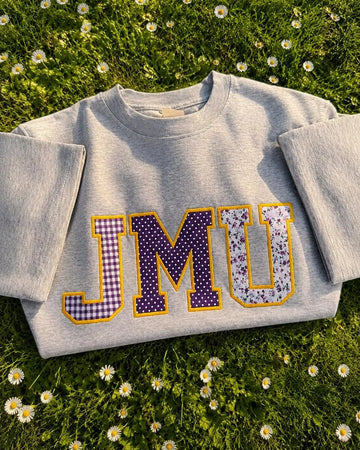 Custom Varsity Patchwork T Shirt, Personalized Applique Embroidered Tee, Purple College Style Top, Campus Gift Shirt for Her