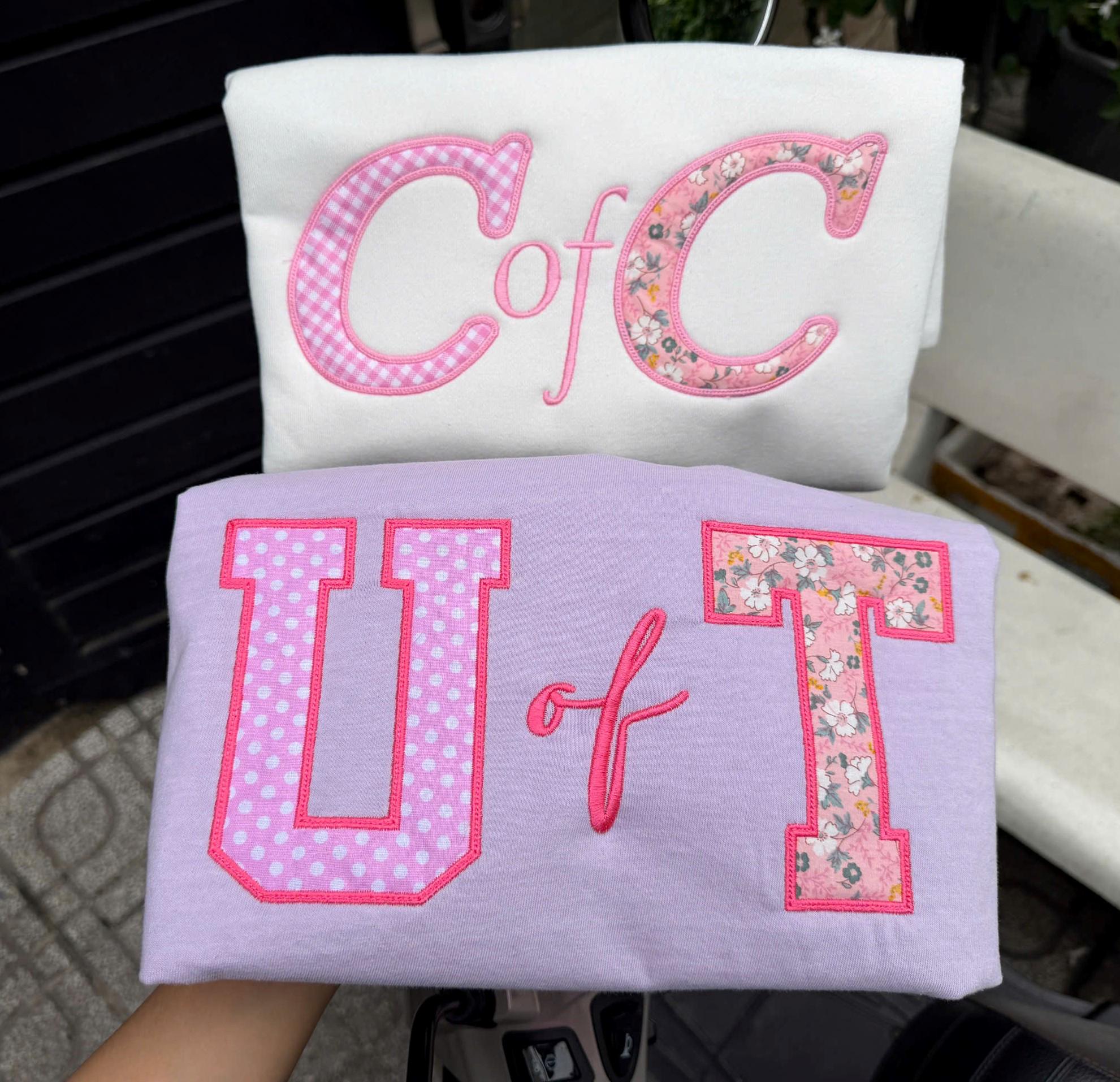 Pink Floral Gingham Applique Sweatshirt, Custom Varsity Letter Crewneck, Personalized Preppy Campus Pullover, Student Gift