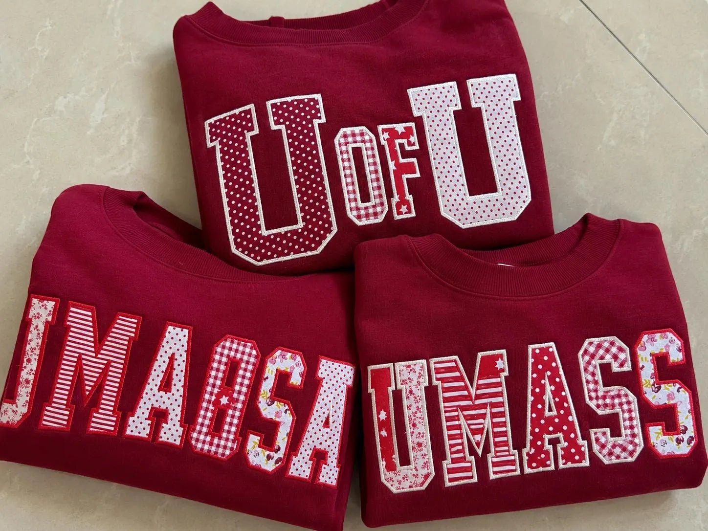 Custom Patchwork Applique Sweatshirt, Personalized Varsity Crewneck, Red White Embroidered College Style Gift