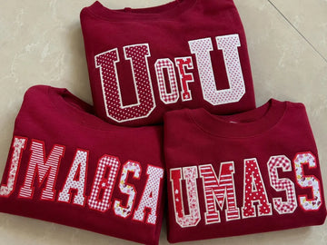 Custom Patchwork Applique Sweatshirt, Personalized Varsity Crewneck, Red White Embroidered College Style Gift
