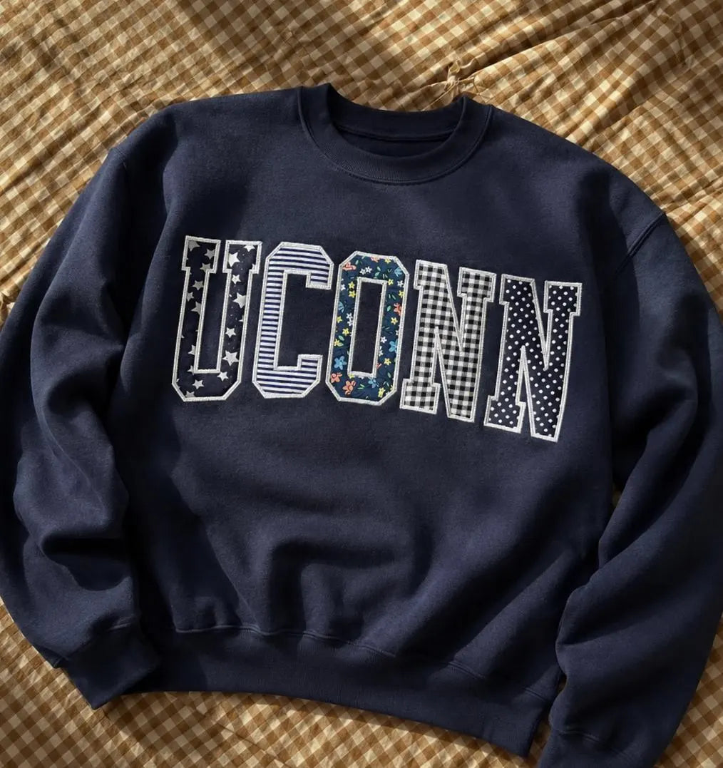 Custom Varsity Patchwork Sweatshirt, Personalized College Style Applique Crewneck, Navy Embroidered Pullover Gift