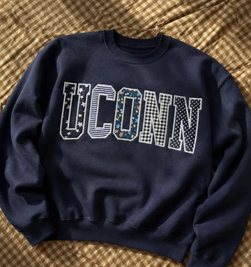 Custom Varsity Patchwork Sweatshirt, Personalized College Style Applique Crewneck, Navy Embroidered Pullover Gift