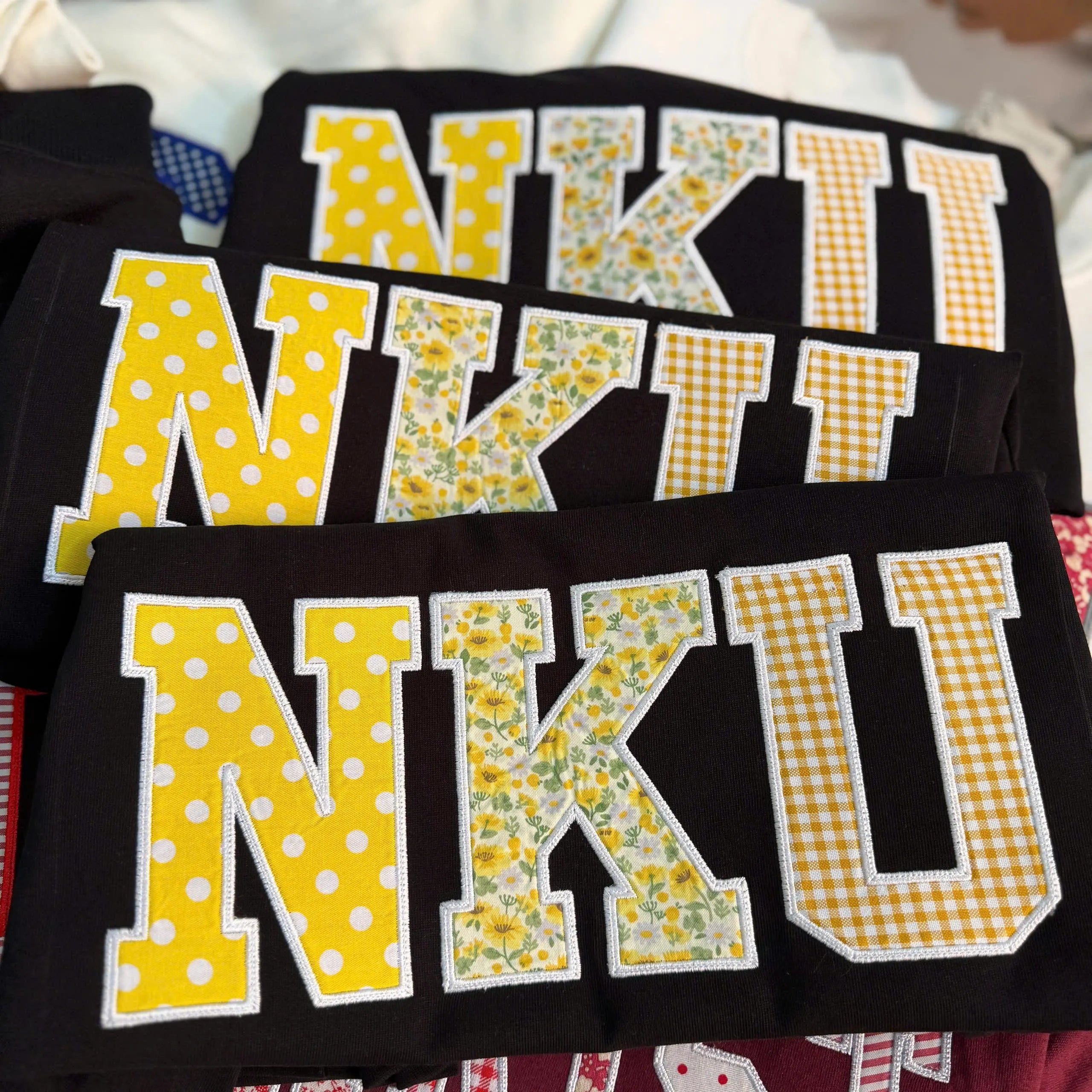 Custom Initials Patchwork Applique Sweatshirt, Personalized Varsity Crewneck, Yellow Floral Gingham College Style Gift
