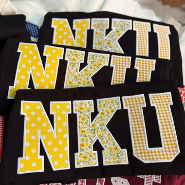 Custom Initials Patchwork Applique Sweatshirt, Personalized Varsity Crewneck, Yellow Floral Gingham College Style Gift