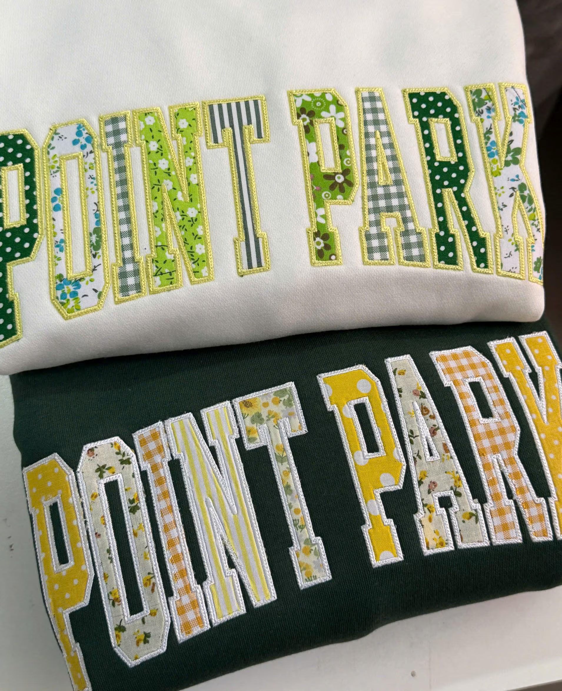 Green Yellow Patchwork Applique Sweatshirt, Custom Varsity Crewneck, Personalized Club Team Text Pullover, School Style Gift