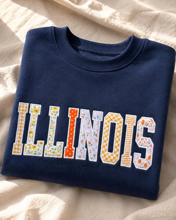 Custom Varsity Patchwork Sweatshirt, Personalized Applique Embroidered Crewneck, Navy Orange College Style Gift Pullover
