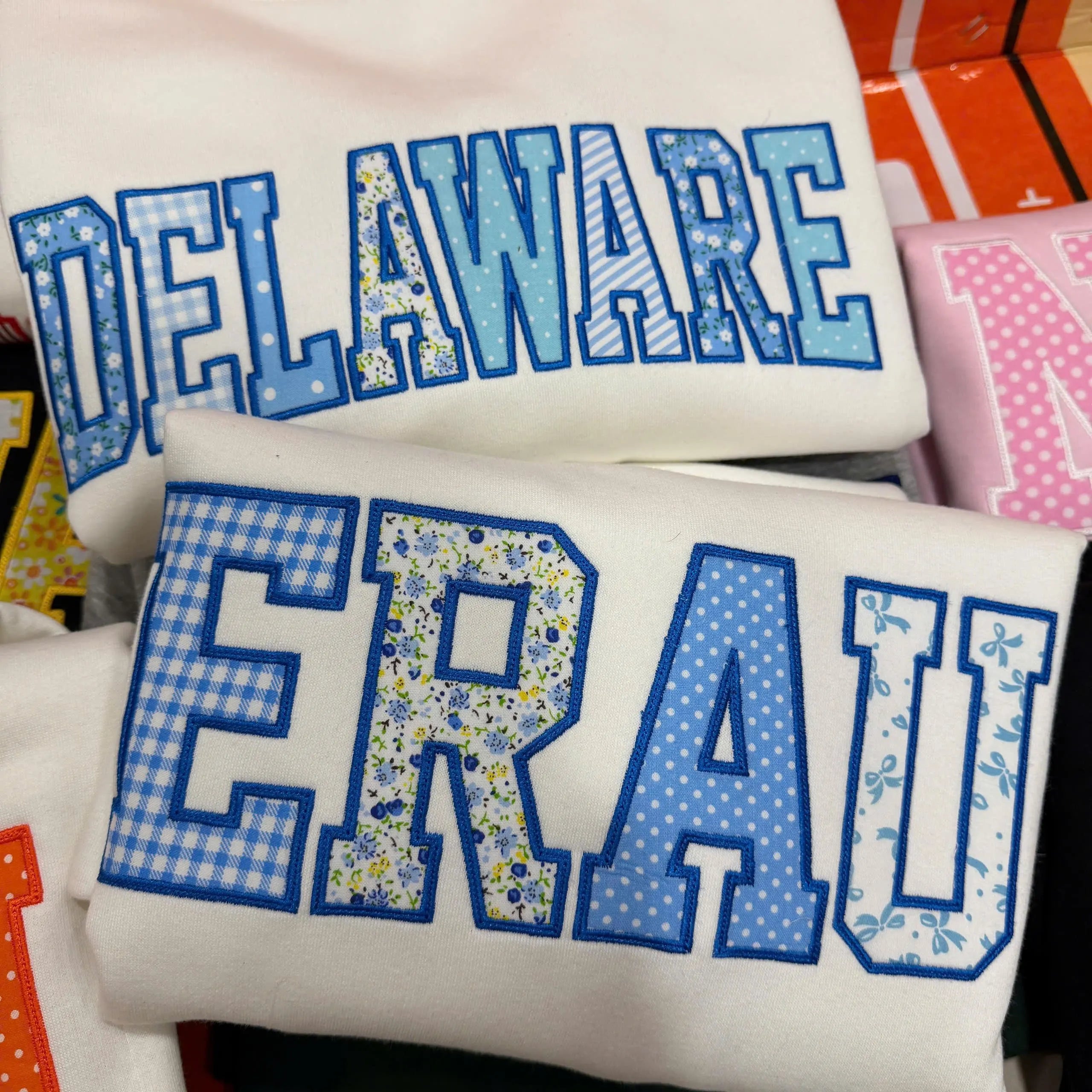 Blue Floral Patchwork Sweatshirt, Custom Mixed Print Applique Crewneck, Personalized Group Letter Campus Student Gift