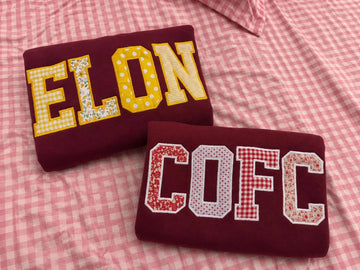 Custom Varsity Patchwork Sweatshirt, Personalized College Style Applique Crewneck, Burgundy Embroidered Pullover Gift