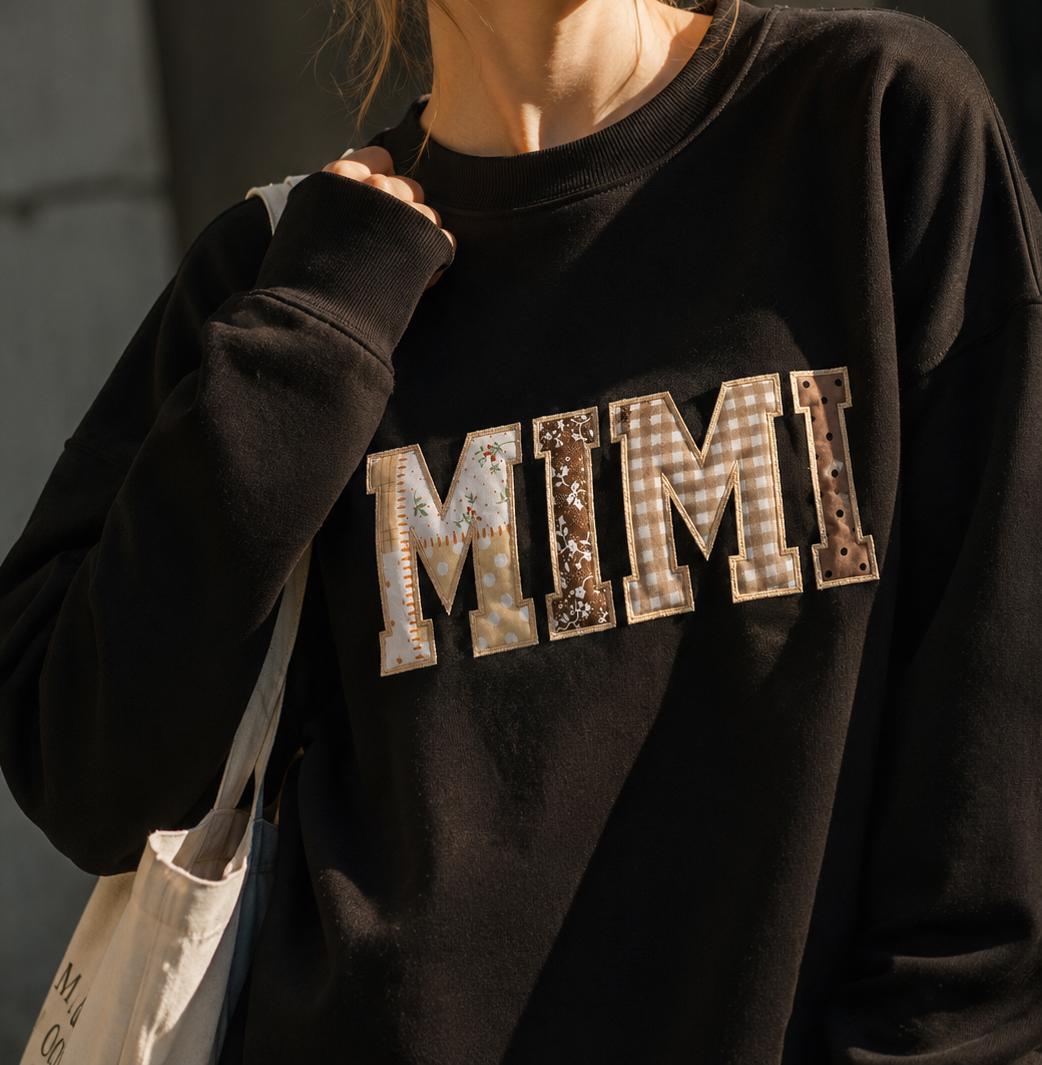 Custom Patchwork Applique Sweatshirt, Personalized Embroidered Crewneck, Neutral Floral Varsity Pullover, Grandma Gift for Her