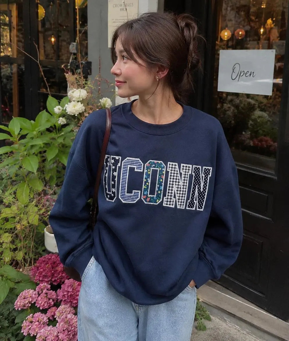 Custom Varsity Patchwork Sweatshirt, Personalized College Style Applique Crewneck, Navy Embroidered Pullover Gift