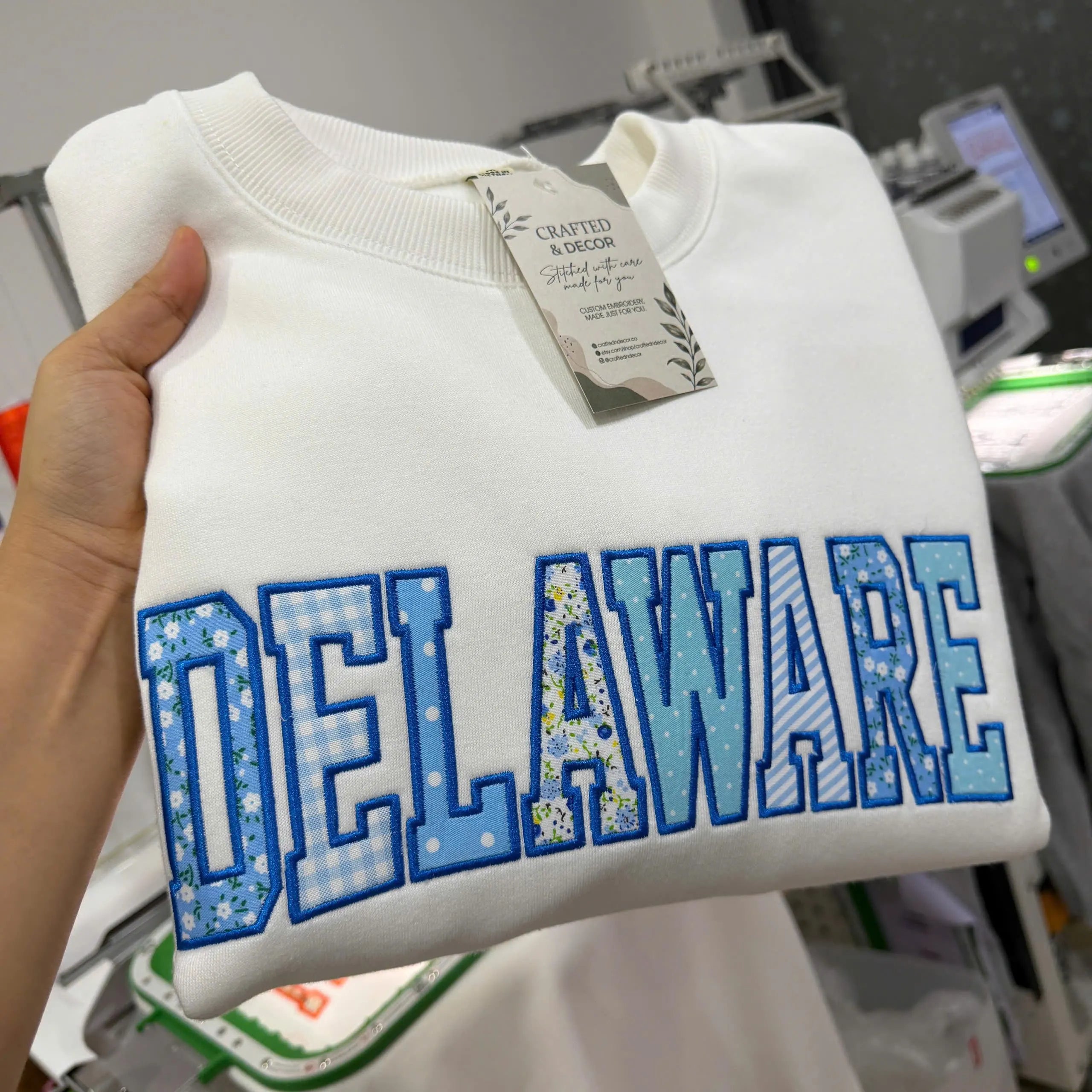 Blue Floral Patchwork Sweatshirt, Custom Mixed Print Applique Crewneck, Personalized Group Letter Campus Student Gift