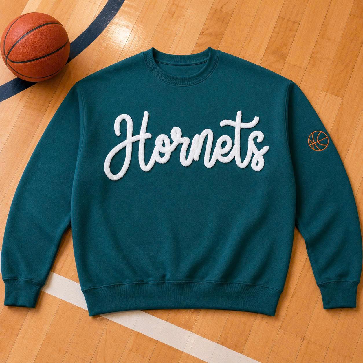Chenille Basketball Sweater, Custom Court Outfit Pullover, Personalized Team Color Crewneck, Sports Mom Sleeve Icon Gift