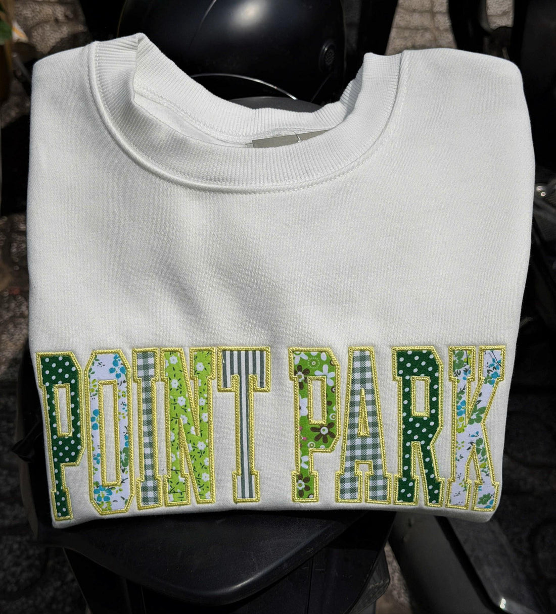 Green Yellow Patchwork Applique Sweatshirt, Custom Varsity Crewneck, Personalized Club Team Text Pullover, School Style Gift