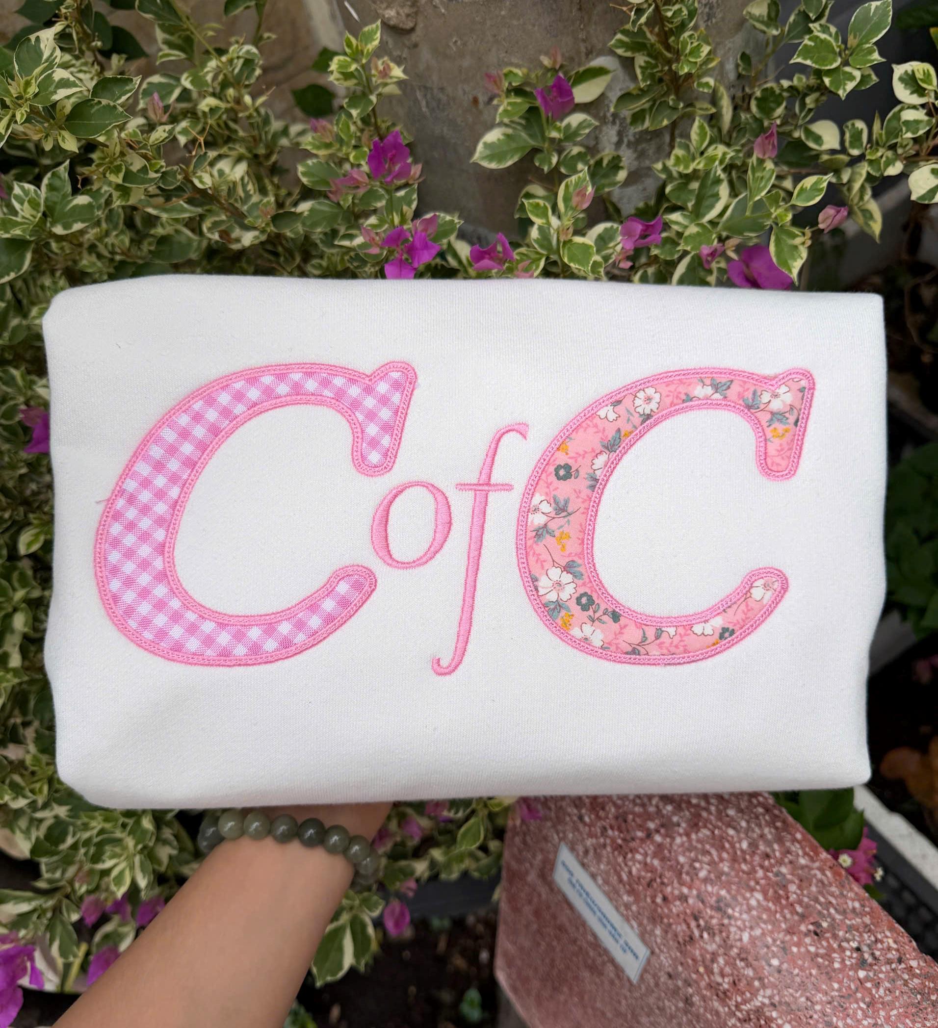 Pink Floral Gingham Applique Sweatshirt, Custom Varsity Letter Crewneck, Personalized Preppy Campus Pullover, Student Gift