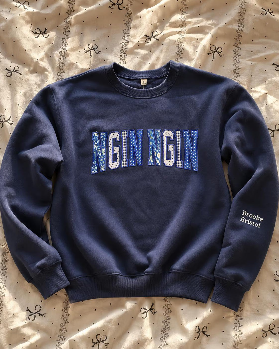 Custom Patchwork Applique Sweatshirt, Personalized Embroidered Crewneck, Name Sleeve College Style Gift Pullover