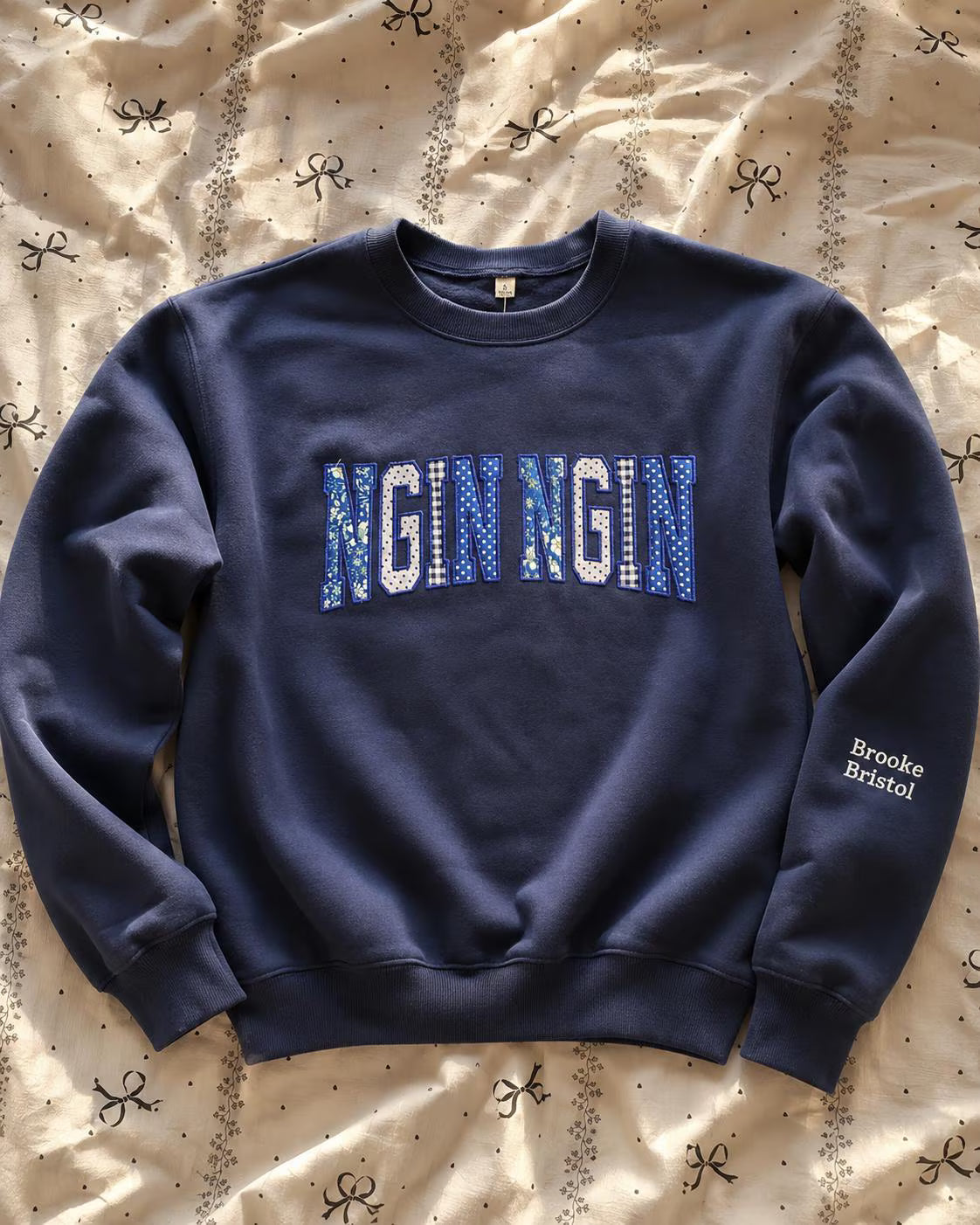 Custom Patchwork Applique Sweatshirt, Personalized Embroidered Crewneck, Name Sleeve College Style Gift Pullover