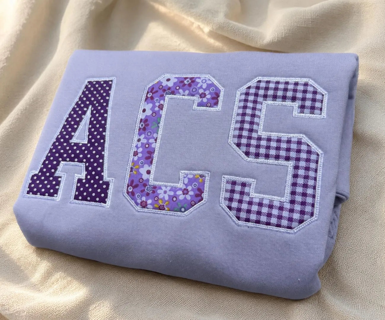 Personalized Lavender Patchwork Applique Crewneck, Custom Floral Varsity Embroidered Sweatshirt, Campus Style Student Gift