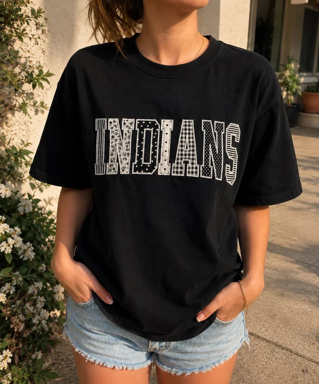 Custom Varsity Patchwork T Shirt, Personalized Applique Embroidered Tee, Black White Team Spirit Shirt, Group Gift Apparel