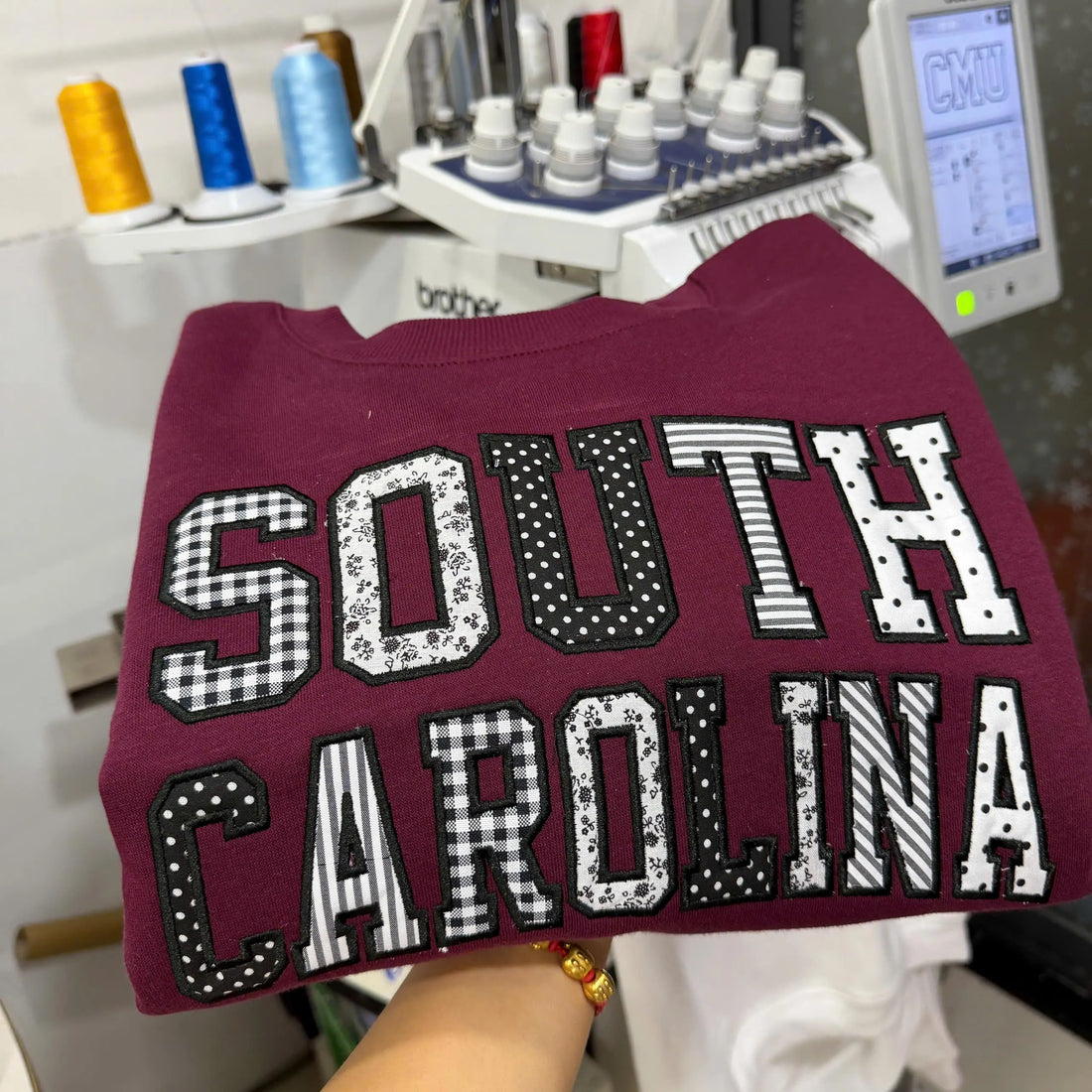 Custom State Patchwork Sweatshirt, Personalized Varsity Applique Crewneck, Gingham Floral Embroidered College Style Gift