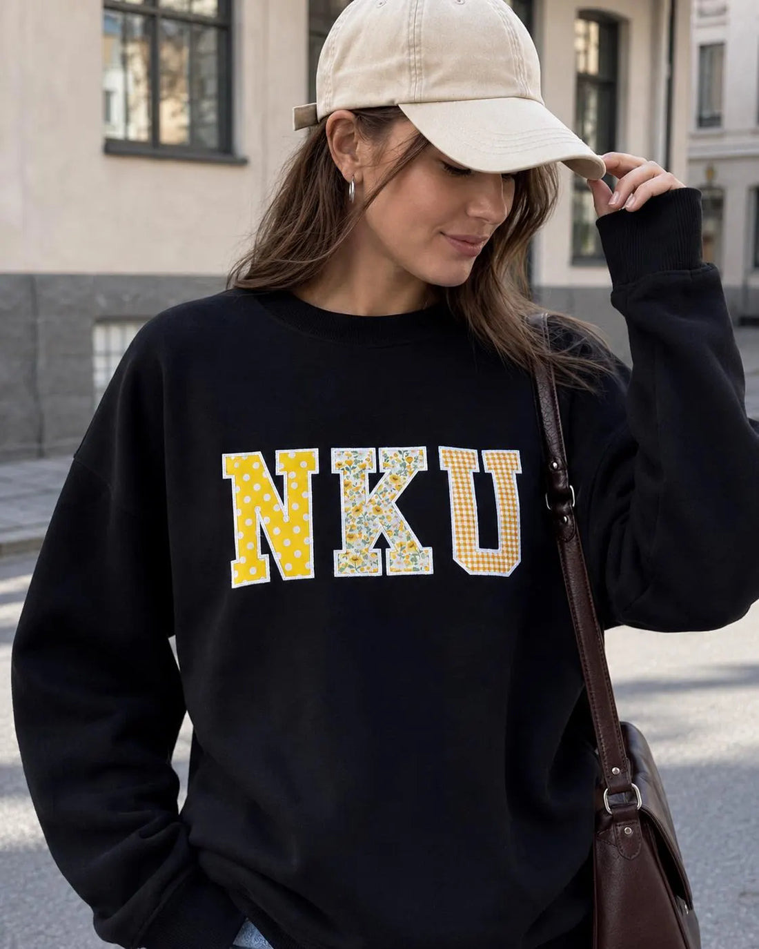 Custom Initials Patchwork Applique Sweatshirt, Personalized Varsity Crewneck, Yellow Floral Gingham College Style Gift