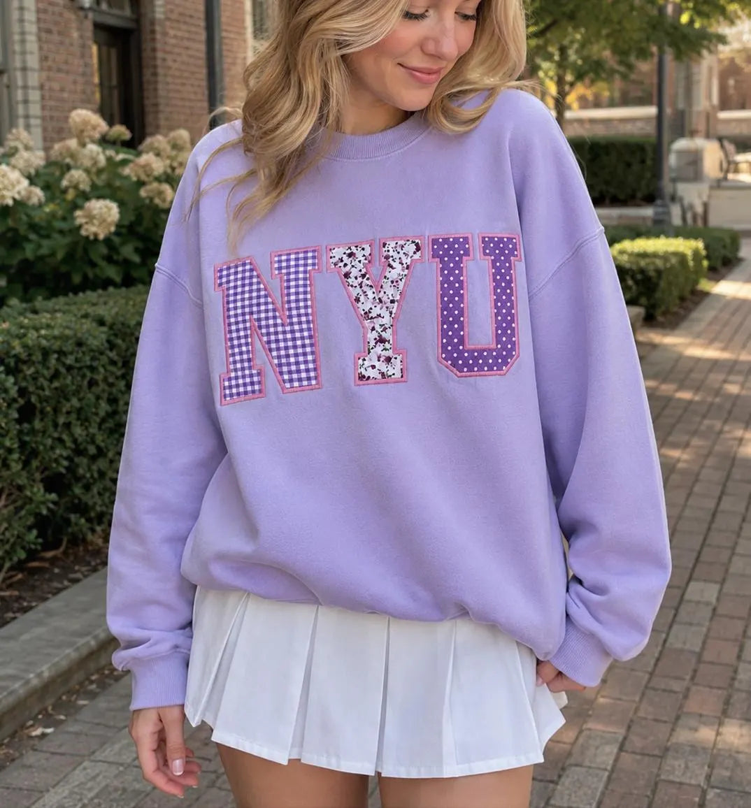 Custom Varsity Patchwork Sweatshirt, Lavender Applique Crewneck, Personalized College Style Embroidered Pullover Gift