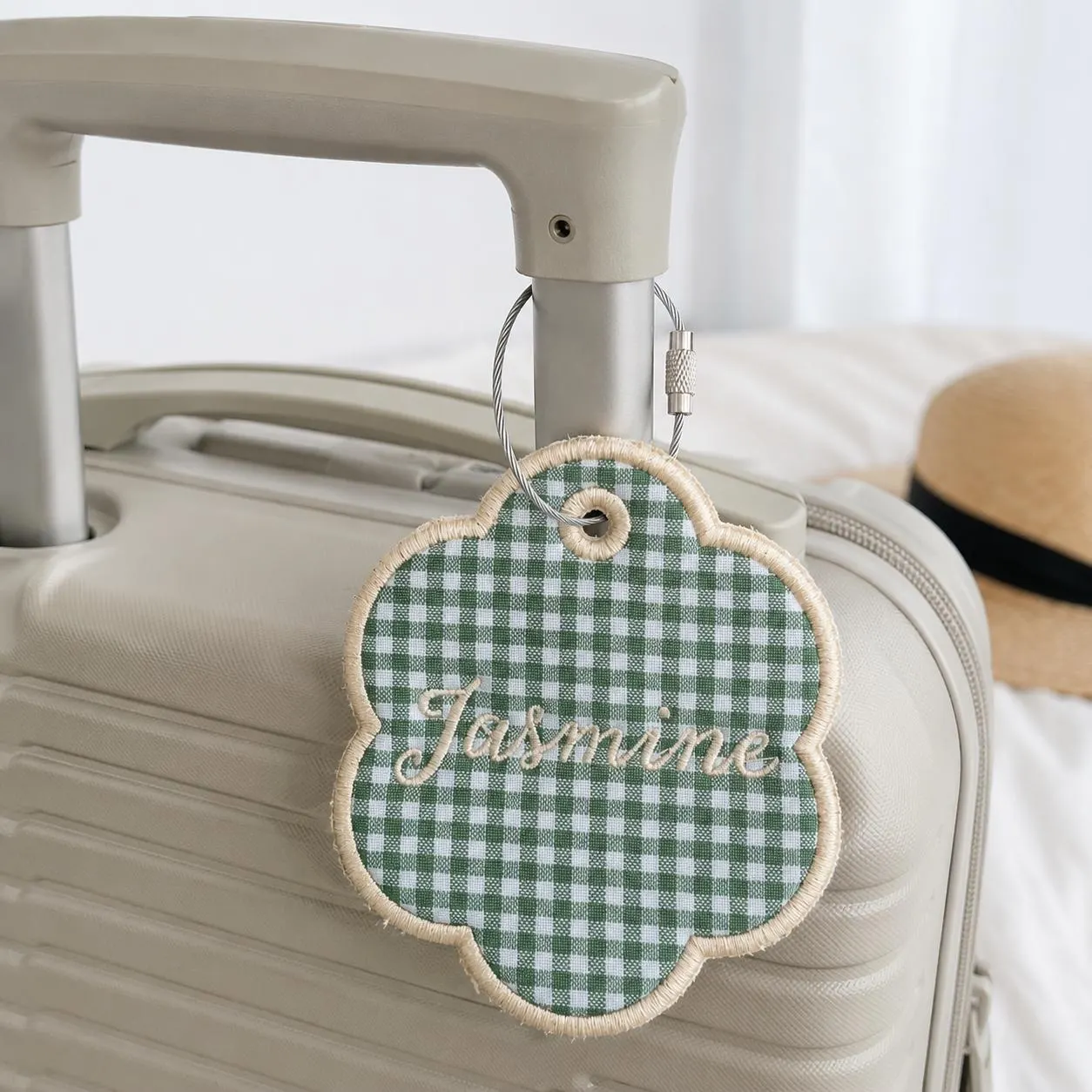 Custom Name and Date Embroidered Bag Charm, Personalized Baby Keepsake Keychain, Circle Diaper Bag Tag, Newborn Gift