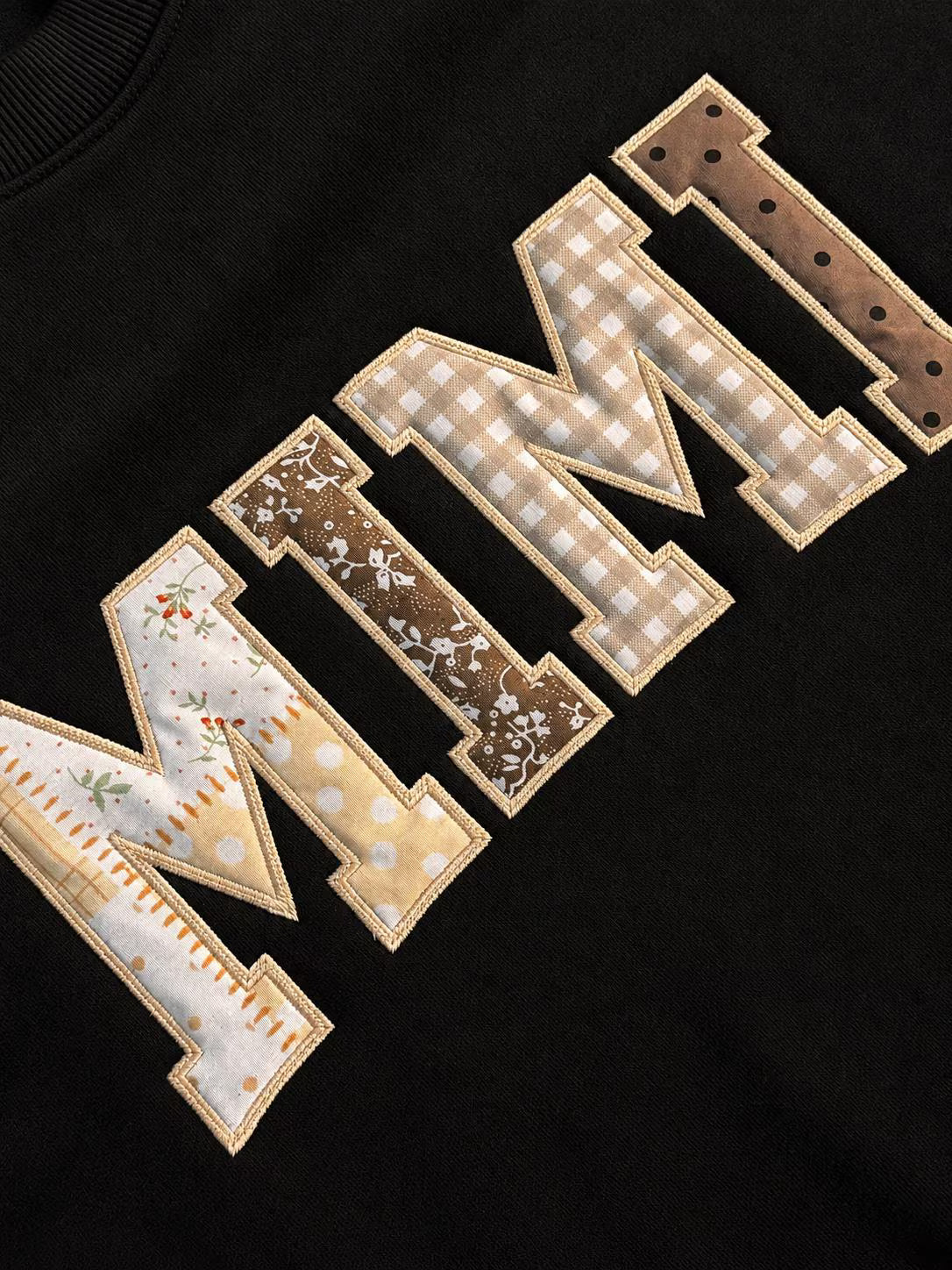 Custom Patchwork Applique Sweatshirt, Personalized Embroidered Crewneck, Neutral Floral Varsity Pullover, Grandma Gift for Her