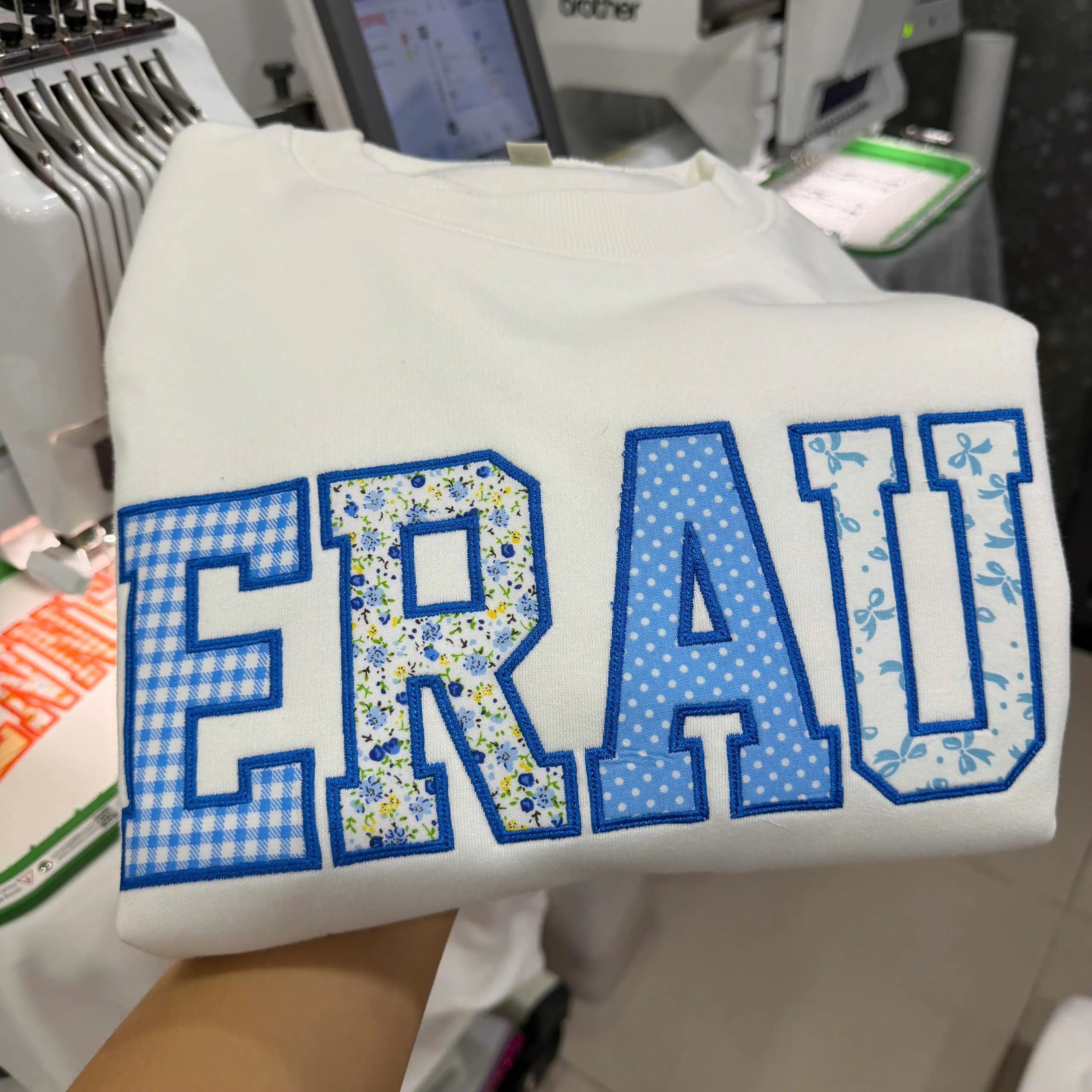 Blue Floral Patchwork Sweatshirt, Custom Mixed Print Applique Crewneck, Personalized Group Letter Campus Student Gift