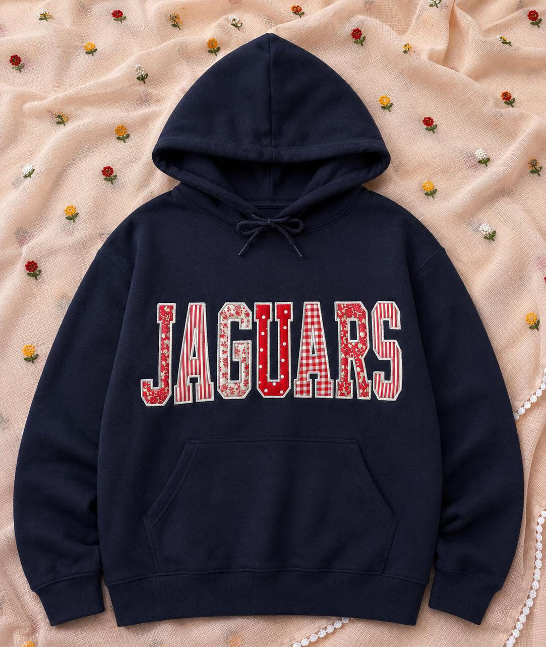 Custom Varsity Patchwork Hoodie, Personalized Applique Embroidered Sweatshirt, Navy Team Spirit Pullover, Group Gift